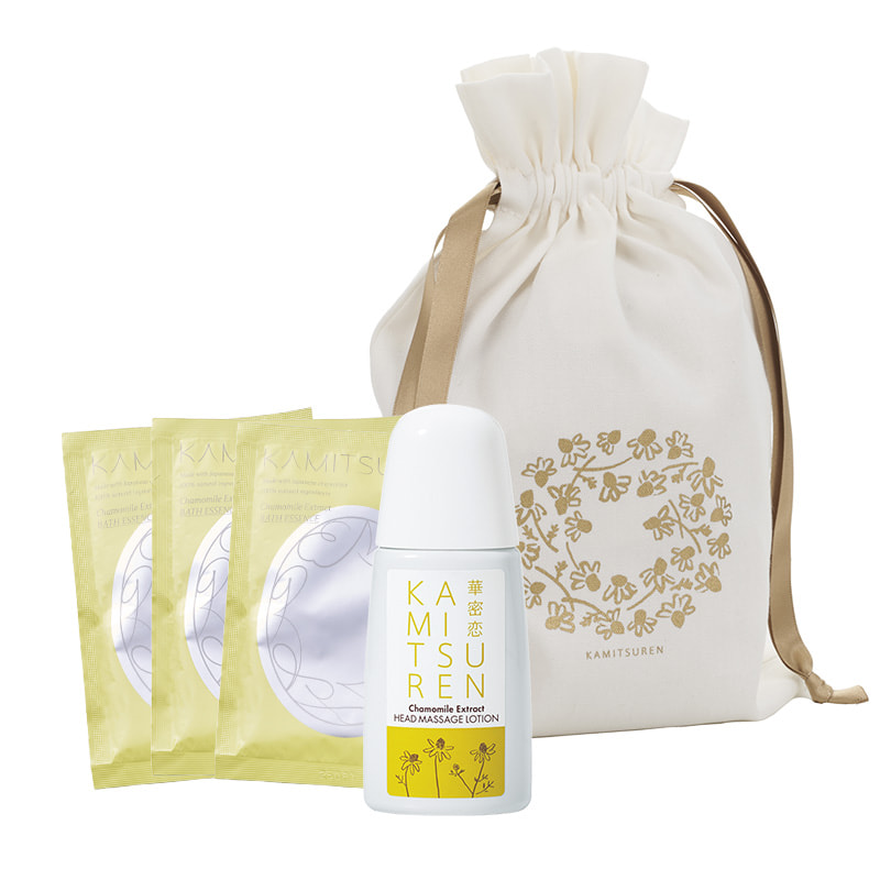 【ギフトセット】薬用入浴剤3包＋ヘッドマッサージローション(カモミール柄巾着入り)