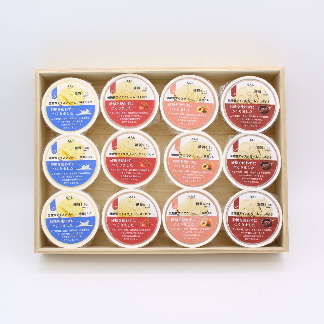 【贈答品】アイスクリーム（特濃ミルク・あずきミルク・ストロベリー・完熟もも）｜12個（各3個）
