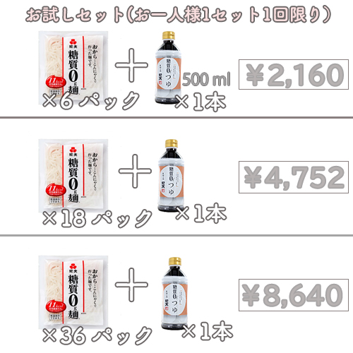 【常温】糖質0g麺<br>（6/18/36パック)<br>＋つゆ1本セット バリエーション: 糖質0g麺（常温保存可）6パック＋糖質0つゆ（濃縮3倍）1本