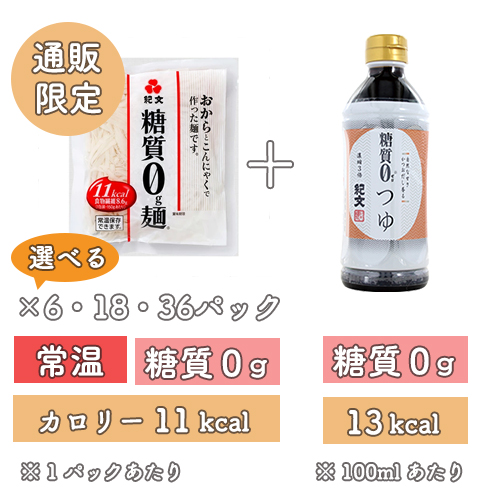 【常温】糖質0g麺<br>（6/18/36パック)<br>＋つゆ1本セット バリエーション: 糖質0g麺（常温保存可）6パック＋糖質0つゆ（濃縮3倍）1本