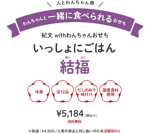 わんちゃんと一緒に食べられるおせち 紀文 withわんちゃんおせち いっしょにごはん 結福 冷凍 全12品 だしのみで味付け 国産食材使用 ¥5,184 税込 送料無料 税抜：¥4,800 人用の食品と同じ扱いのため消費税8%