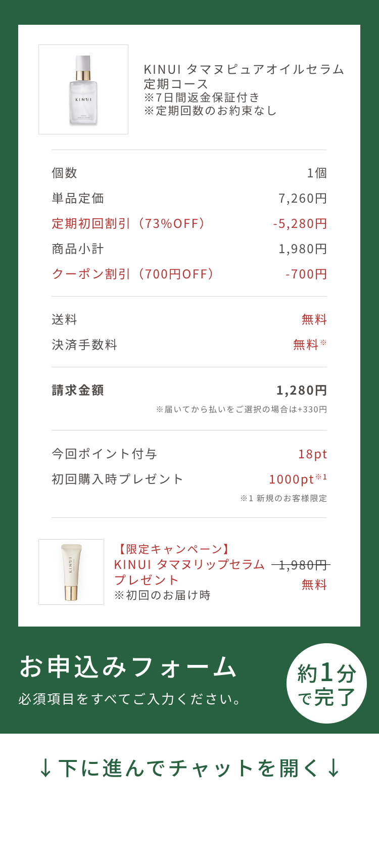 
個数 1個
単品定価 7,260円
定期初回割引（73%OFF） -5,280円
商品小計 1,980円
クーポン割引（50%OFF） -990円
送料 無料
決済手数料 無料※
請求金額 990円
※後払い(ペイディ)をご選択の場合は+220円
お申込みフォーム
必須項目をすべてご入力ください。
約1分で完了
↓下に進んでチャットを開く↓
Pull to Chat Open
        