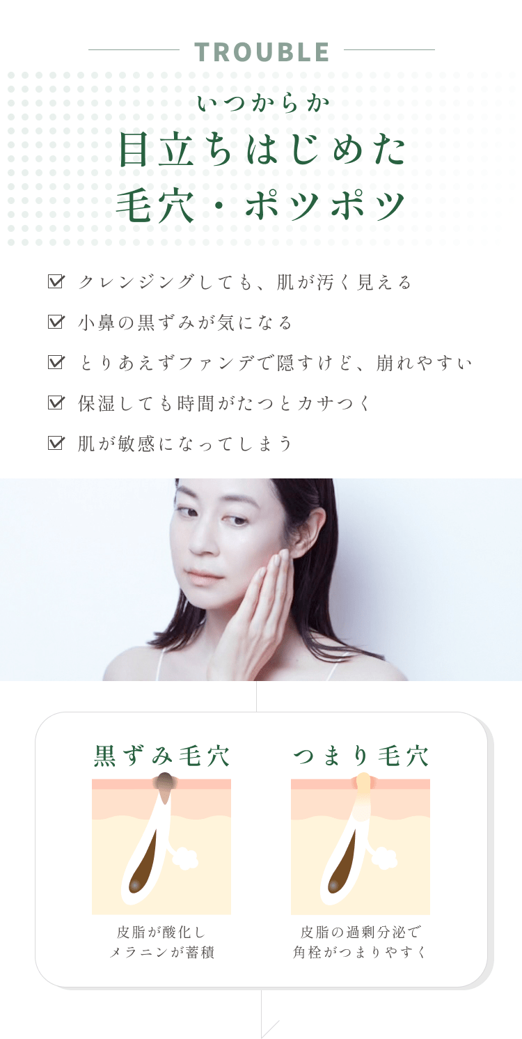 
いつからか目立ちはじめた毛穴・ポツポツ
クレンジングしても顔色が暗く、肌が汚く見える
小鼻の黒ずみが気になる、触るとデコボコ
とりあえずファンデで隠すけど、崩れやすい
保湿しても時間がたつとカサつく
肌が敏感になってしまって、ヒリヒリしみる
黒ずみ毛穴 皮脂が酸化しメラニンが蓄積
つまり毛穴 皮脂の過剰分泌で角栓がつまりやすく
開き毛穴 いじりすぎで開いてしまう毛穴
たるみ毛穴 乾燥によりハリ・弾力を失ってしずく型にたるむ
        