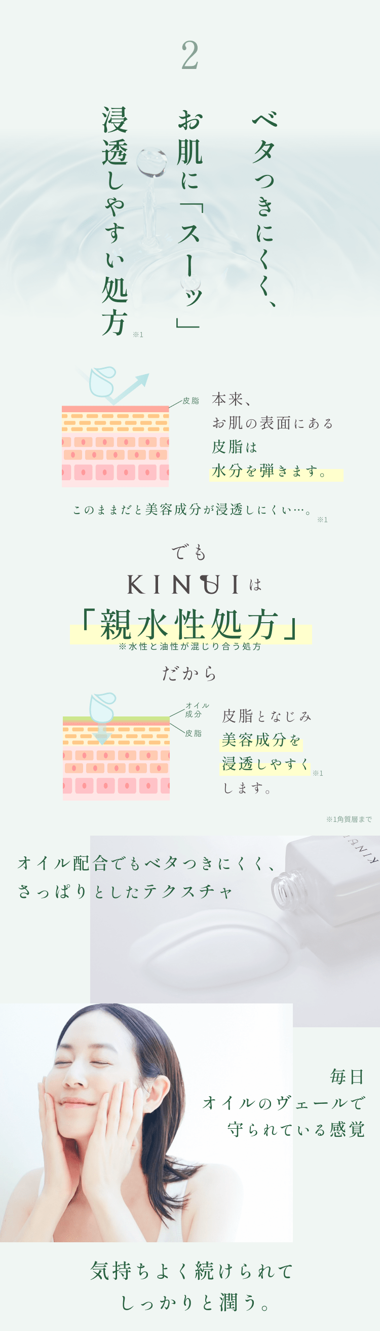 
2.ベタつかず、お肌に｢スーッ｣圧倒的な浸透感
本来、お肌の表面にある皮脂は水分を弾きます。
このままだと美容成分が浸透しにくい…。
でもKINUIのオイルは｢親水性オイル｣だから
皮脂となじみ美容成分を浸透しやすくします。
オイル配合でもベタつかず、さっぱりとしたテクスチャ
毎日オイルのヴェールで守られている実感
気持ちよく続けられてしっかりと潤う。
        