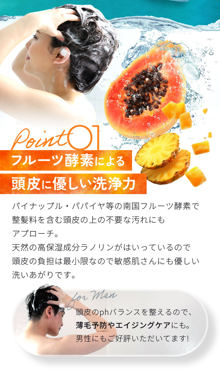 Point01 フルーツ酵素による頭皮に優しい洗浄力