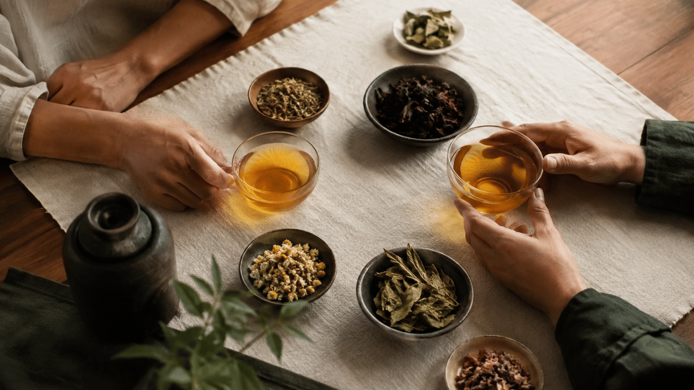 茶葉と二つのカップを並べた、お茶を楽しむ食卓
