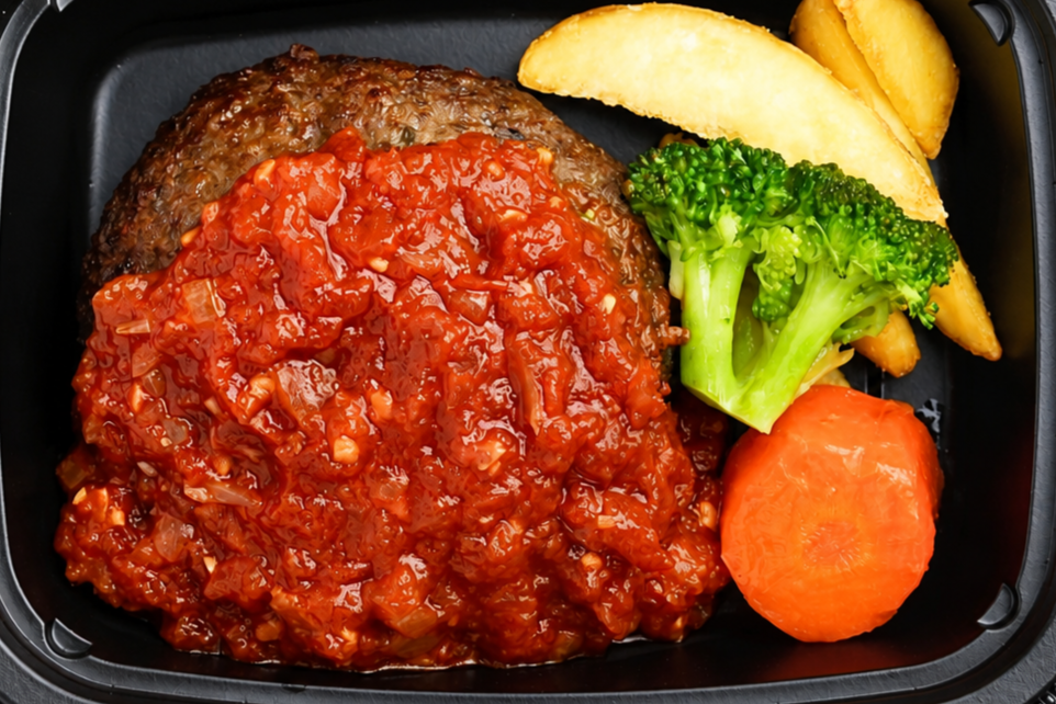 旨味だらけの赤い海へ！牛１００％ENDO特製トマトソースハンバーグ