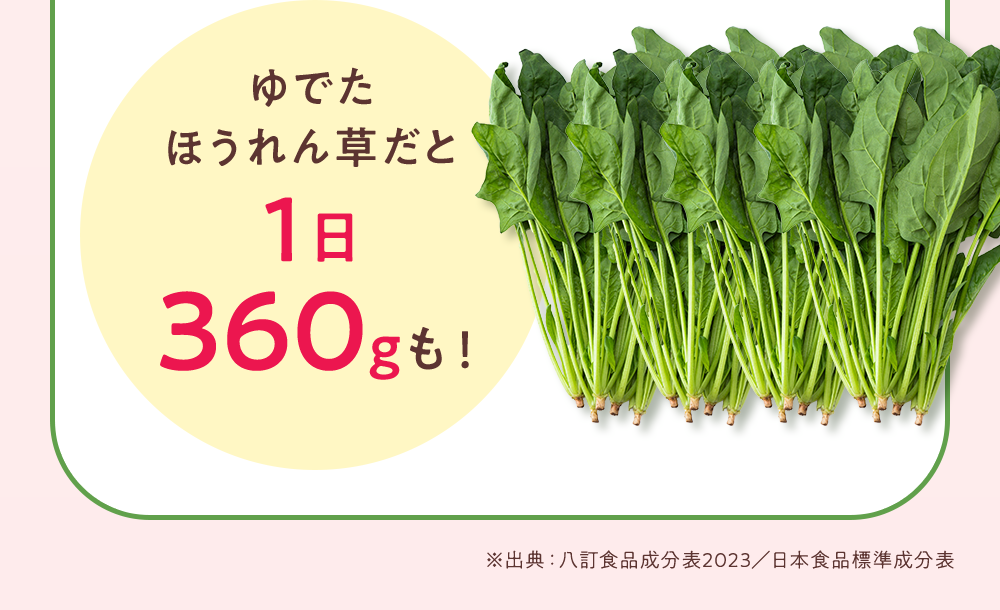 ゆでたほうれん草だと1日360gも！