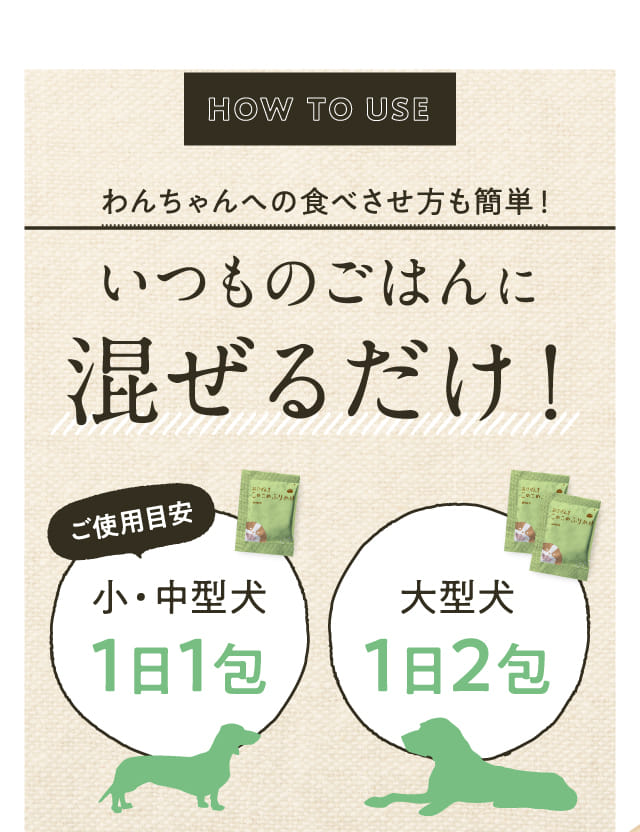 わんちゃんへの食べさせ方も簡単！いつものごはんに混ぜるだけ！