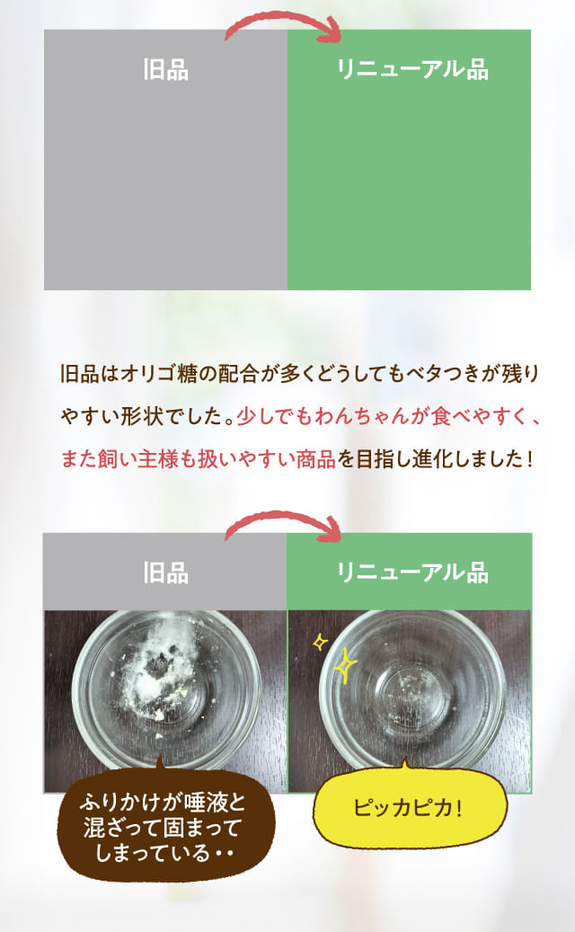 旧品はオリゴ糖の配合が多くどうしてもベタつきが残りやすい形状でした。…