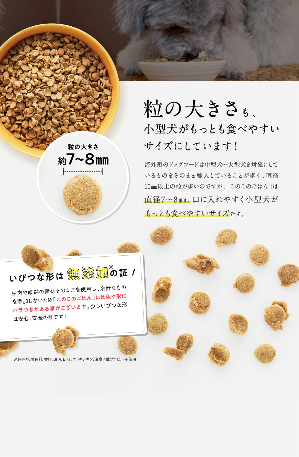 粒の大きさも、小型犬がもっとも食べやすいサイズにしています！