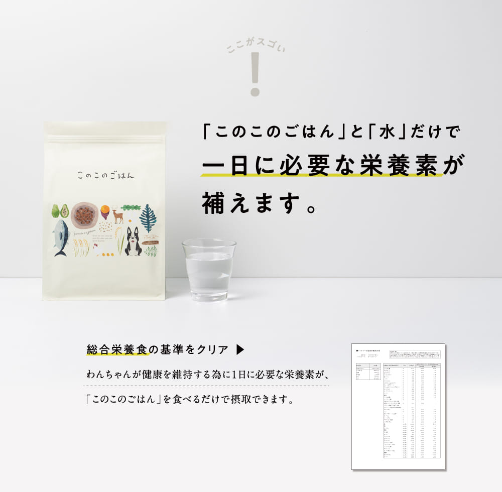 「このこのごはん」と「水」だけで一日に必要な栄養素が補えます。