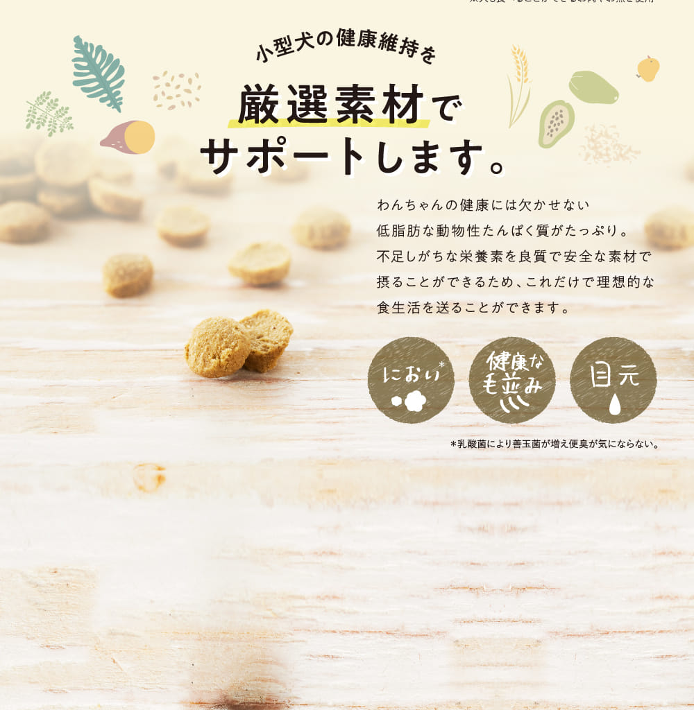 小型犬の健康維持を厳選素材でサポートします。