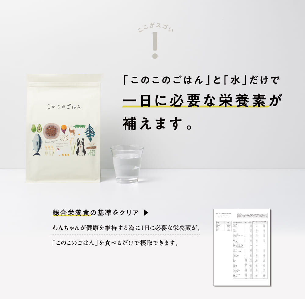 「このこのごはん」と「水」だけで一日に必要な栄養素が補えます。