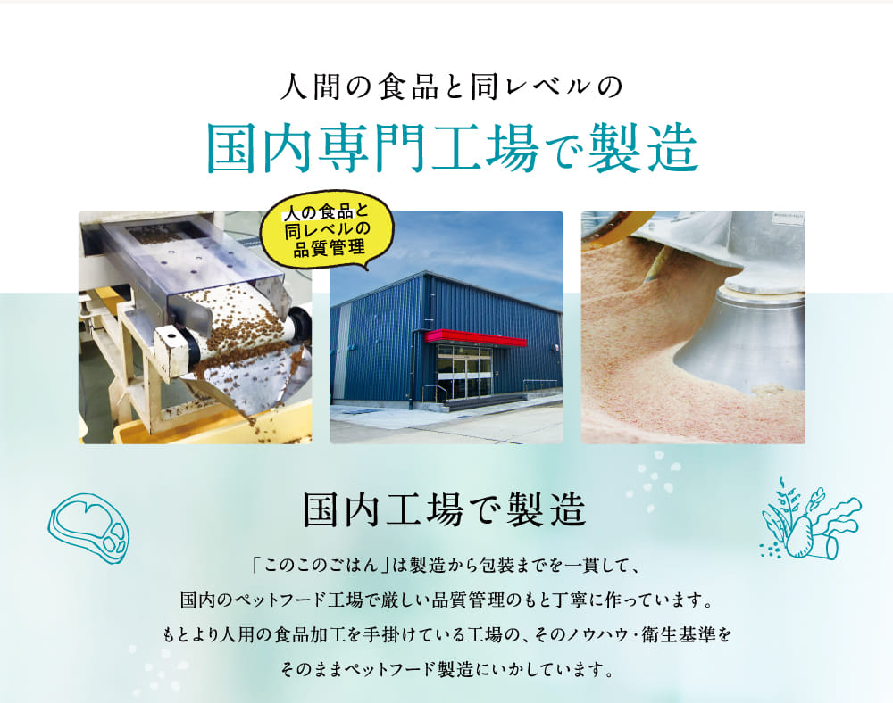 人間の食品と同レベルの国内専門工場で製造