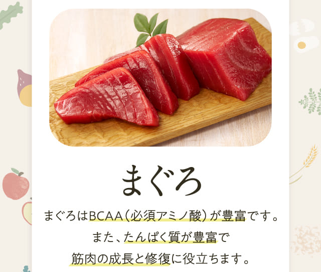 まぐろ まぐろはBCAA（必須アミノ酸）が豊富です。...