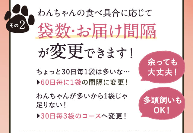 わんちゃんの食べ具合に応じて袋数•お届け間隔が変更できます！