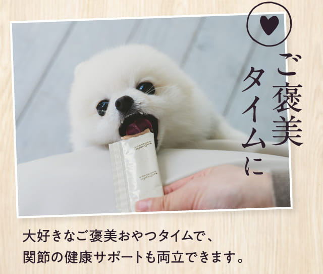 ご褒美タイムに 大好きなご褒美おやつタイムで、関節の健康サポートも両立できます。