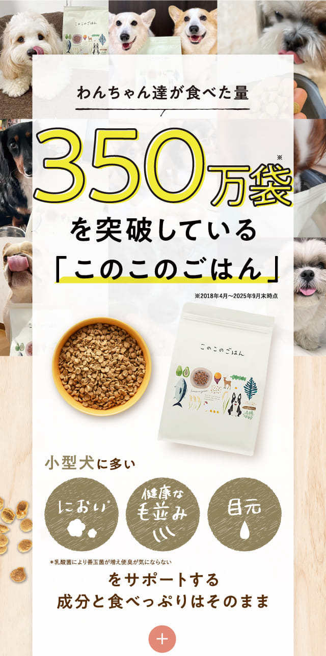 わんちゃん達が食べた量350万袋を突破している「このこのごはん」