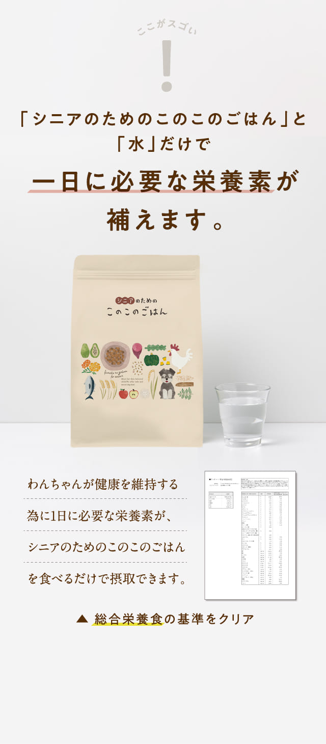 「シニアのためのこのこのごはん」と「水」だけで一日に必要な栄養素が補えます。