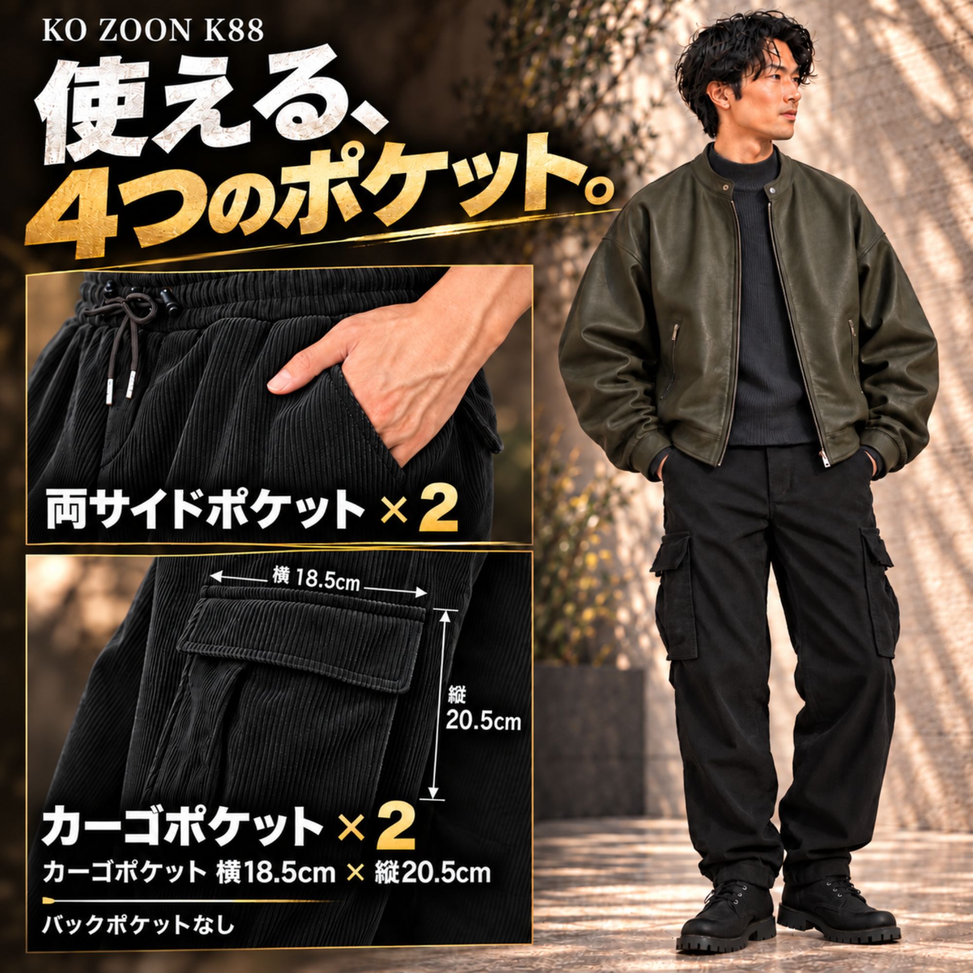  裏ボアカーゴパンツ K88 Color: ブラック, Size: M