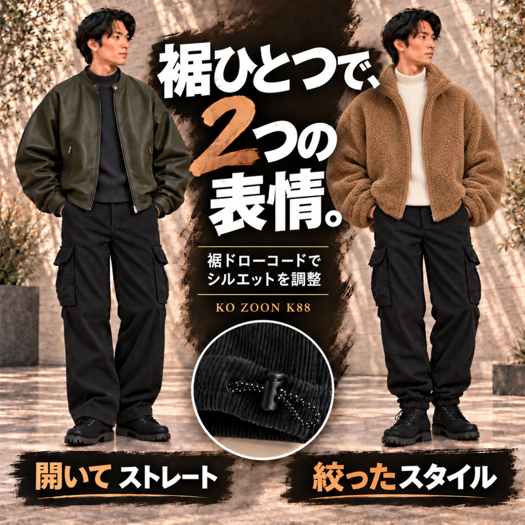  裏ボアカーゴパンツ K88 Color: ブラック, Size: M
