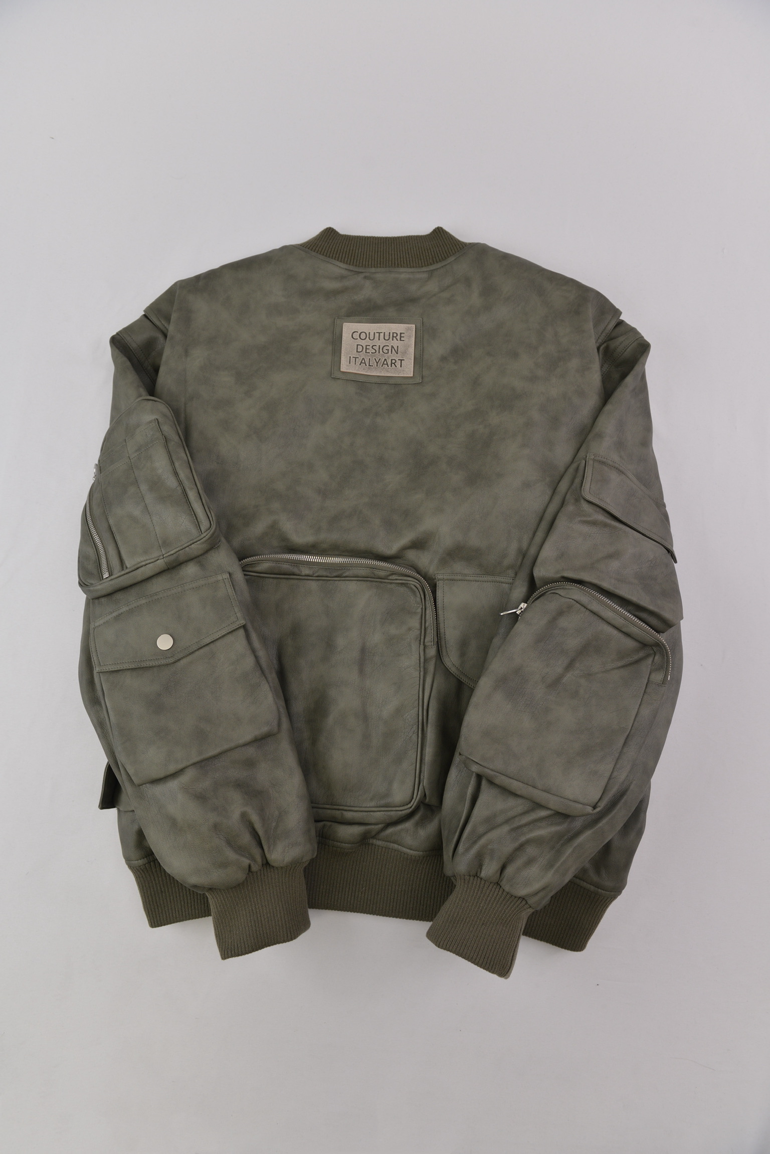 KURORO マルチポケット レザーボンバージャケット　Army Green サイズ: L