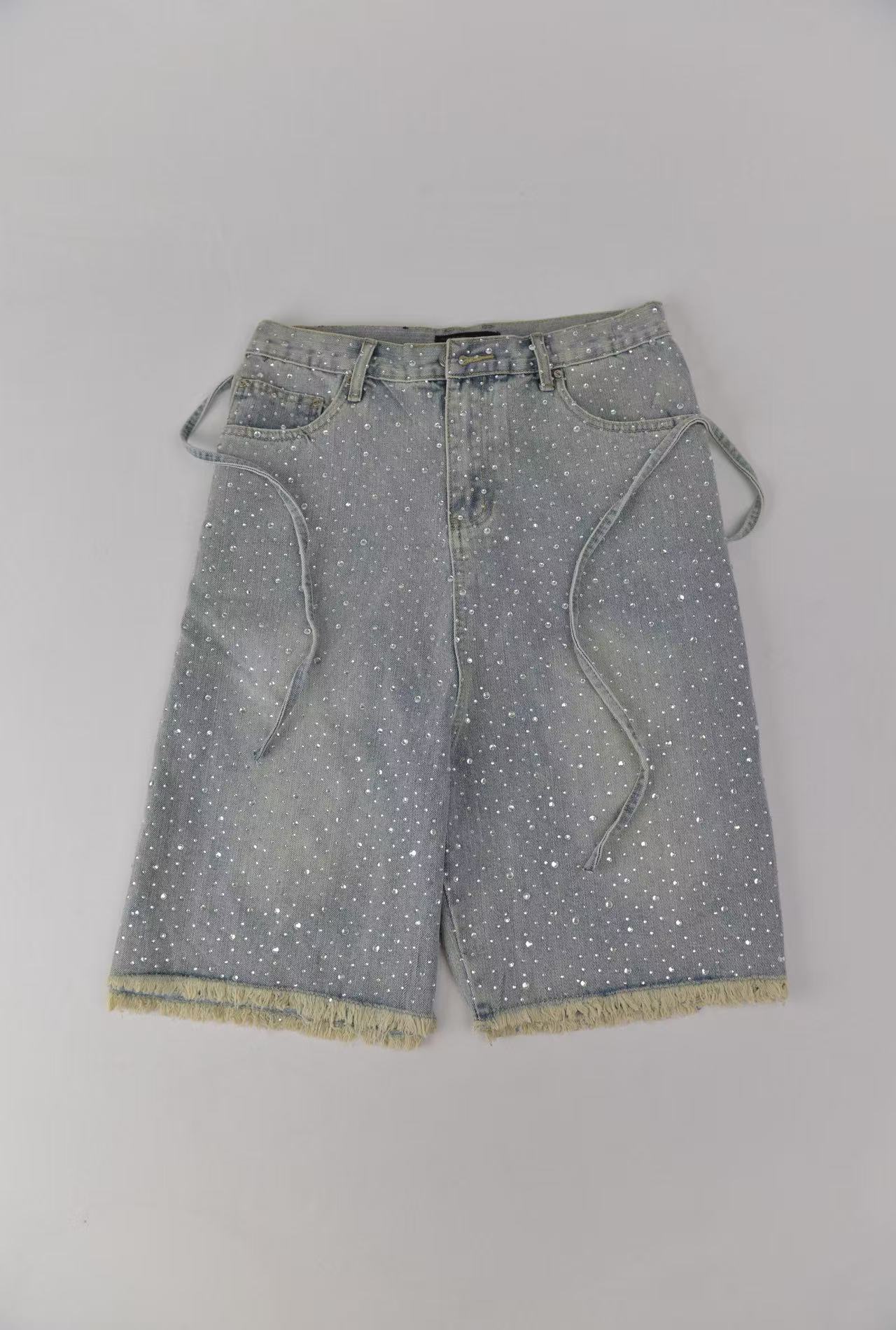ラインストーン スタッズ フリンジデニムショーツ