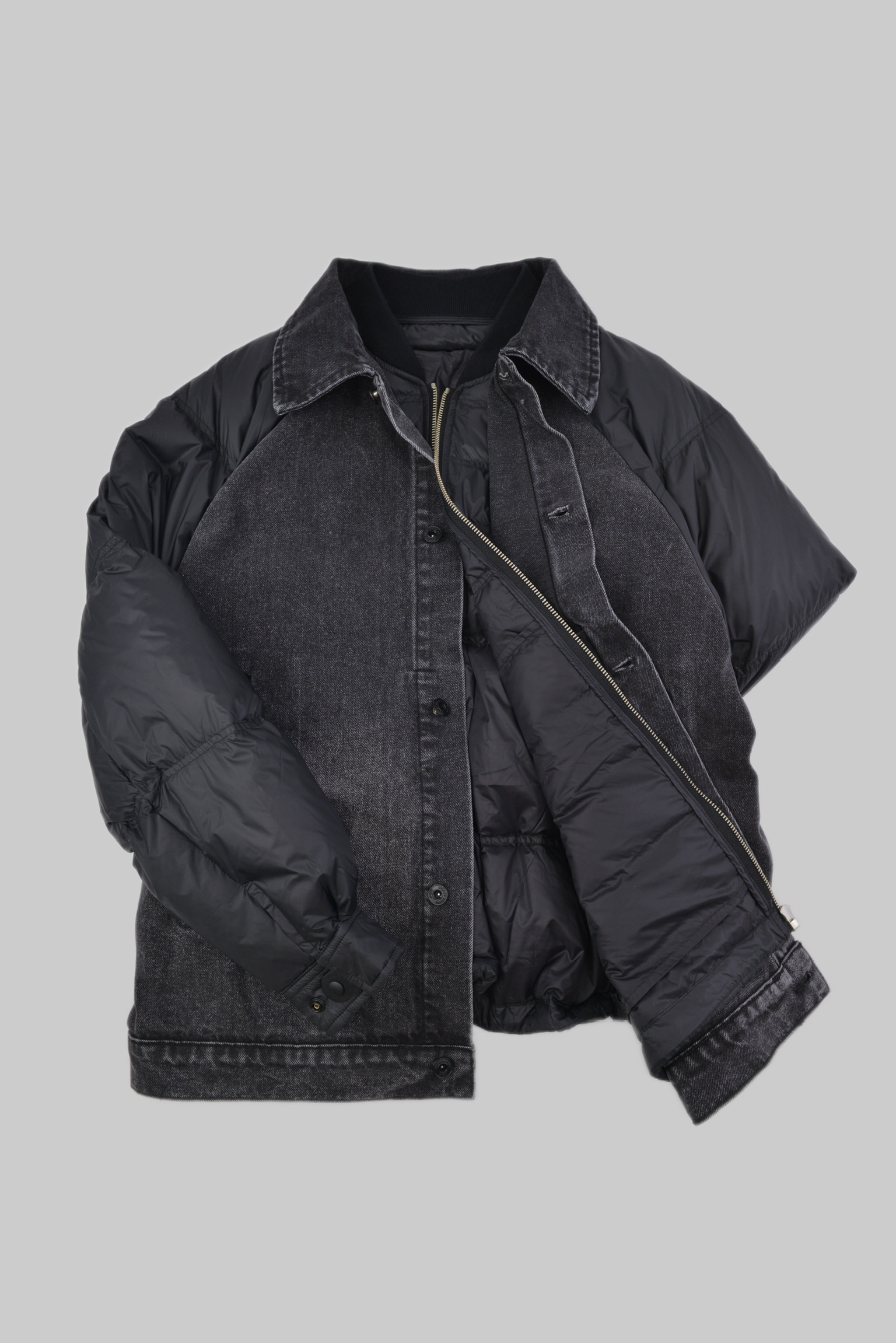 KURORO HYBRID DENIM DOWN JACKET – BLACK ON BLACK ハイブリッド デニムダウンジャケット〈オールブラック〉 サイズ: M