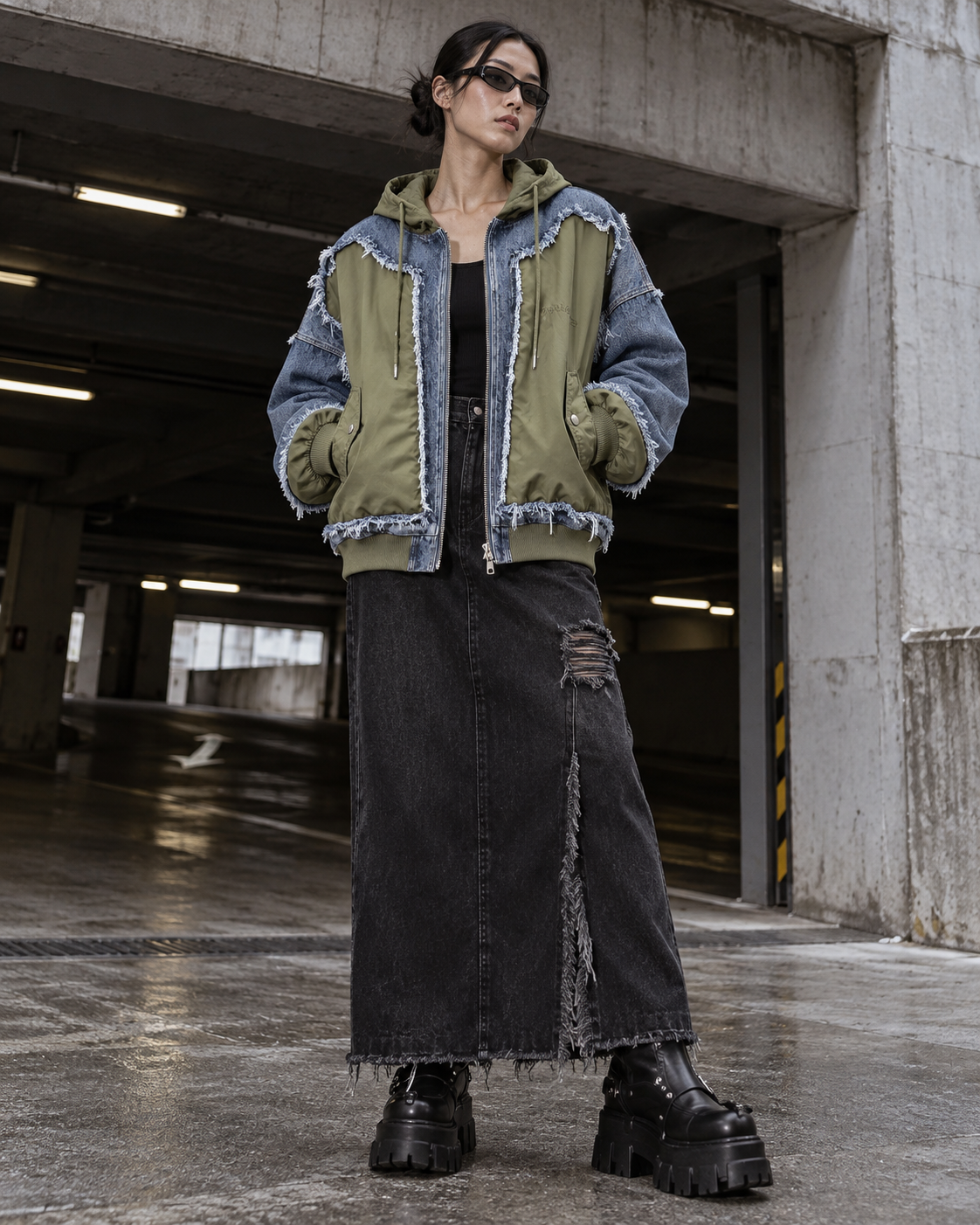 『受注生産』KURORO リワーク デニムフーディー　    オリーブ × ウォッシュブルー サイズ: S