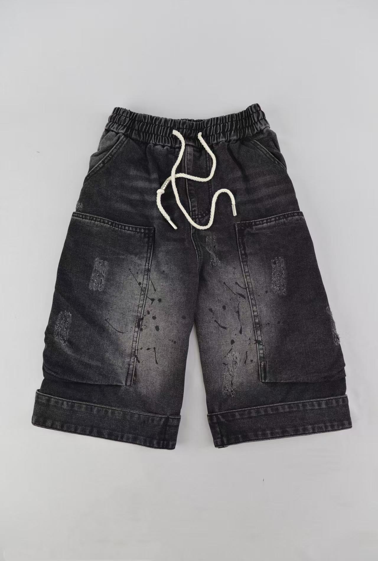 クラッシュウォッシュデニムカーゴショーツ / ブラック