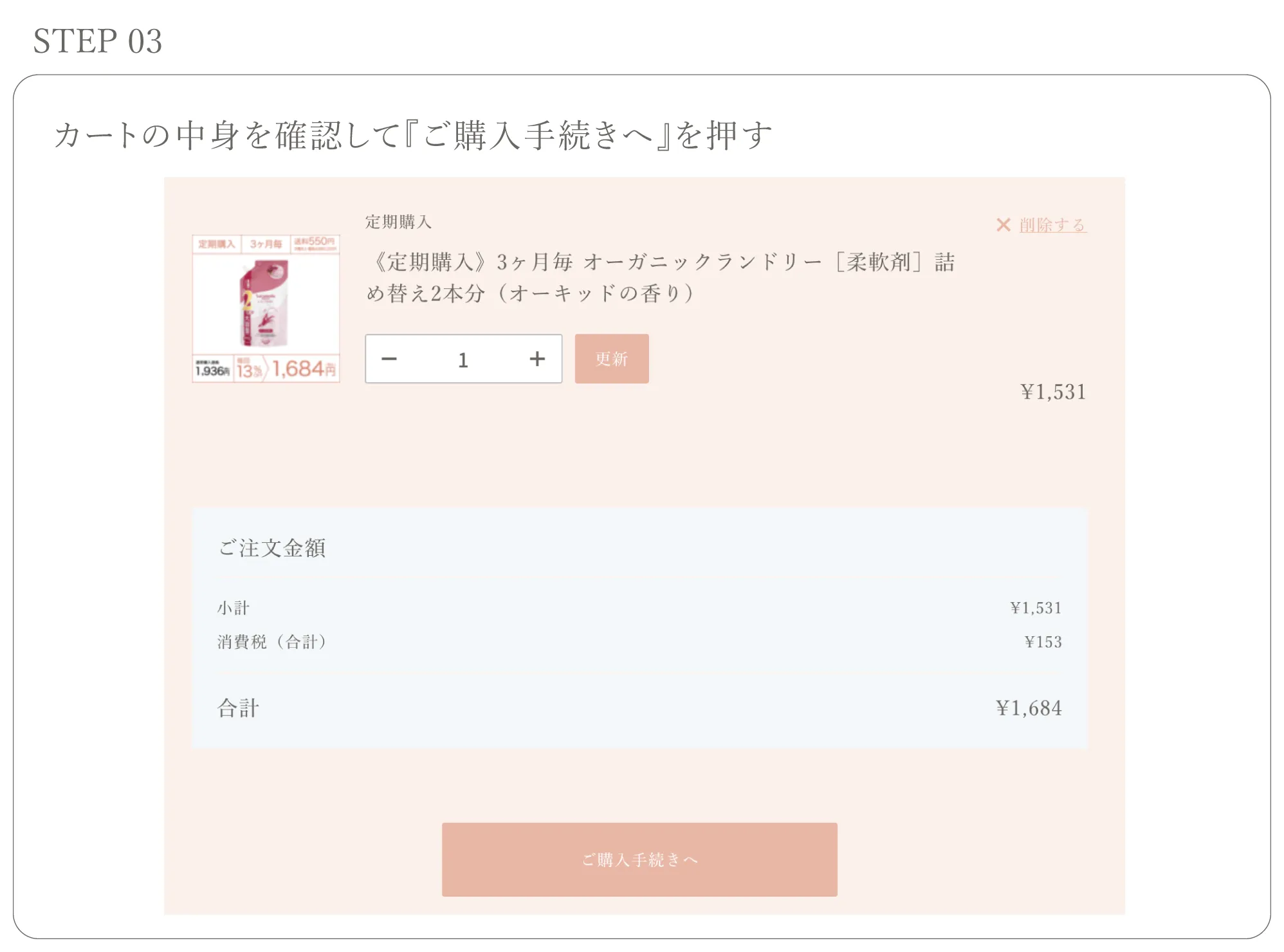カートの中身を確認して『ご購入手続きへ』を押す
