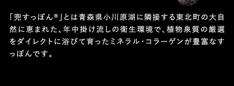 「兜すっぽんR」とは青森県小川原湖に隣接する東北町の大自然に恵まれた、年中掛け流しの衛生環境で、植物泉質の源泉をダイレクトに浴びて育ったミネラル・コラーゲンが豊富なすっぽんです。