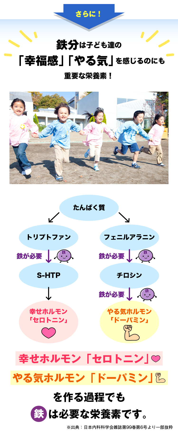 さらに！ 鉄分は子ども達の「幸福感」「やる気」を感じるのにも重要な栄養素！幸せホルモン「セロトニン」やる気ホルモン「ドーパミン」を作る過程でも鉄は必要な栄養素です。