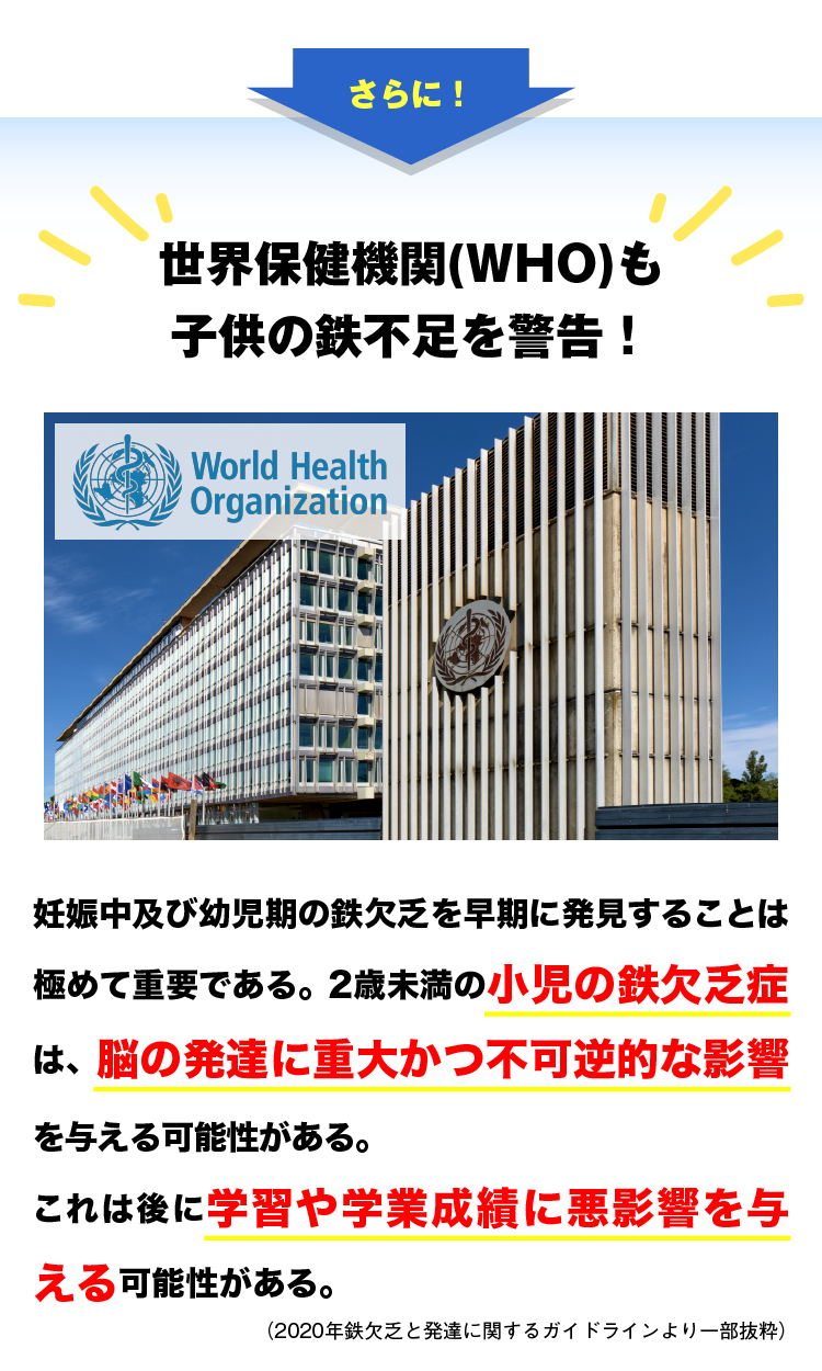 さらに！世界保健機関(WHO)も子供の鉄不足を警告！妊娠中及び幼児期の鉄欠乏を早期に発見することは極めて重要である。2歳未満の小児の鉄欠乏症は、脳の発達に重大かつ不可逆的な影響を与える可能性がある。これは後に学習や学業成績に悪影響を与える可能性がある。