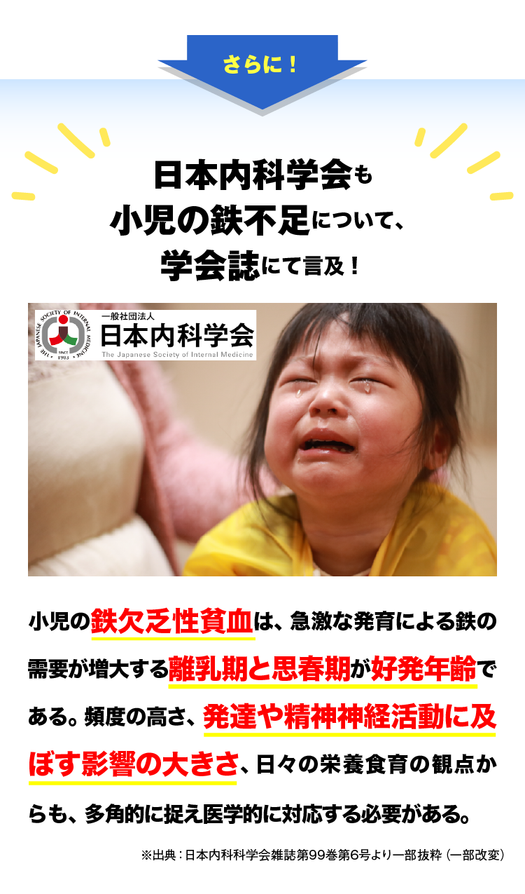 さらに！日小児の鉄欠乏性貧血は、急激な発育による鉄の需要が増大する離乳期と思春期が好発年齢である。頻度の高さ、発達や精神神経活動に及ぼす影響の大きさ、日々の栄養食育の観点からも、多角的に捉え医学的に対応する必要がある。※出典：日本内科科学会雑誌第99巻第6号（一部改変）さらに！衝撃の事実