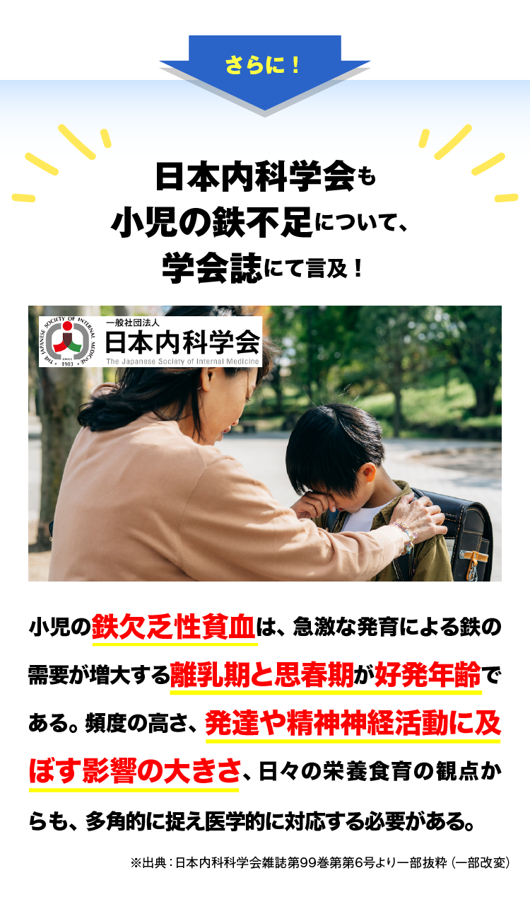 さらに！日小児の鉄欠乏性貧血は、急激な発育による鉄の需要が増大する離乳期と思春期が好発年齢である。頻度の高さ、発達や精神神経活動に及ぼす影響の大きさ、日々の栄養食育の観点からも、多角的に捉え医学的に対応する必要がある。※出典：日本内科科学会雑誌第99巻第6号（一部改変）さらに！衝撃の事実