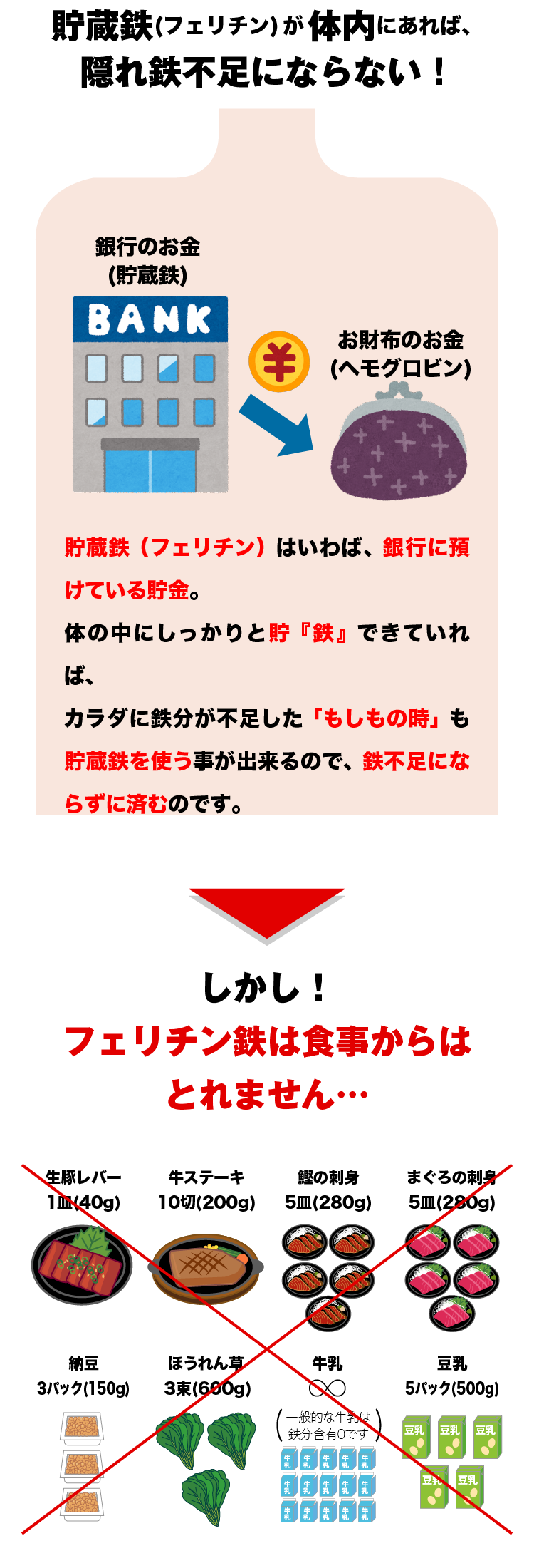 貯蔵鉄(フェリチン)が体内にあれば、隠れ鉄不足にならない！貯蔵鉄（フェリチン）はいわば、銀行に預けている貯金。体の中にしっかりと貯『鉄』できていれば、カラダに鉄分が不足した「もしもの時」も貯蔵鉄を使う事が出来るので、鉄不足にならずに済むのです。