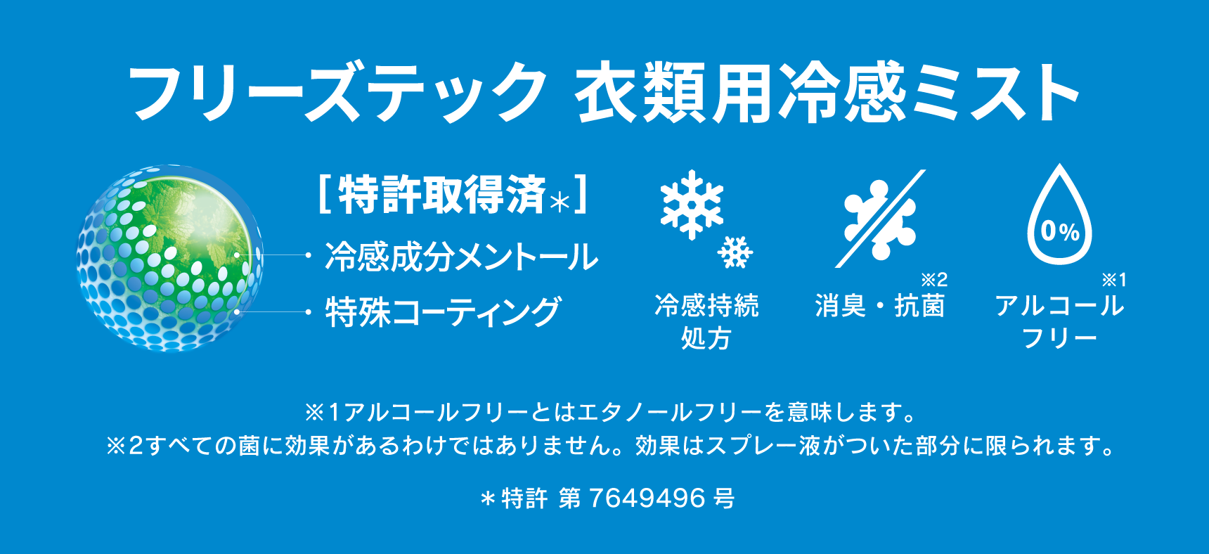 フリーズテック 衣類用冷感ミスト ［特許取得済＊］・冷感成分メントール ・特殊コーティング 冷感持続処方 / 消臭・抗菌 / アルコールフリー ※1アルコールフリーとはエタノールフリーを意味します。 ※2すべての菌に効果があるわけではありません。効果はスプレー液がついた部分に限られます。 ＊特許 第7649496号