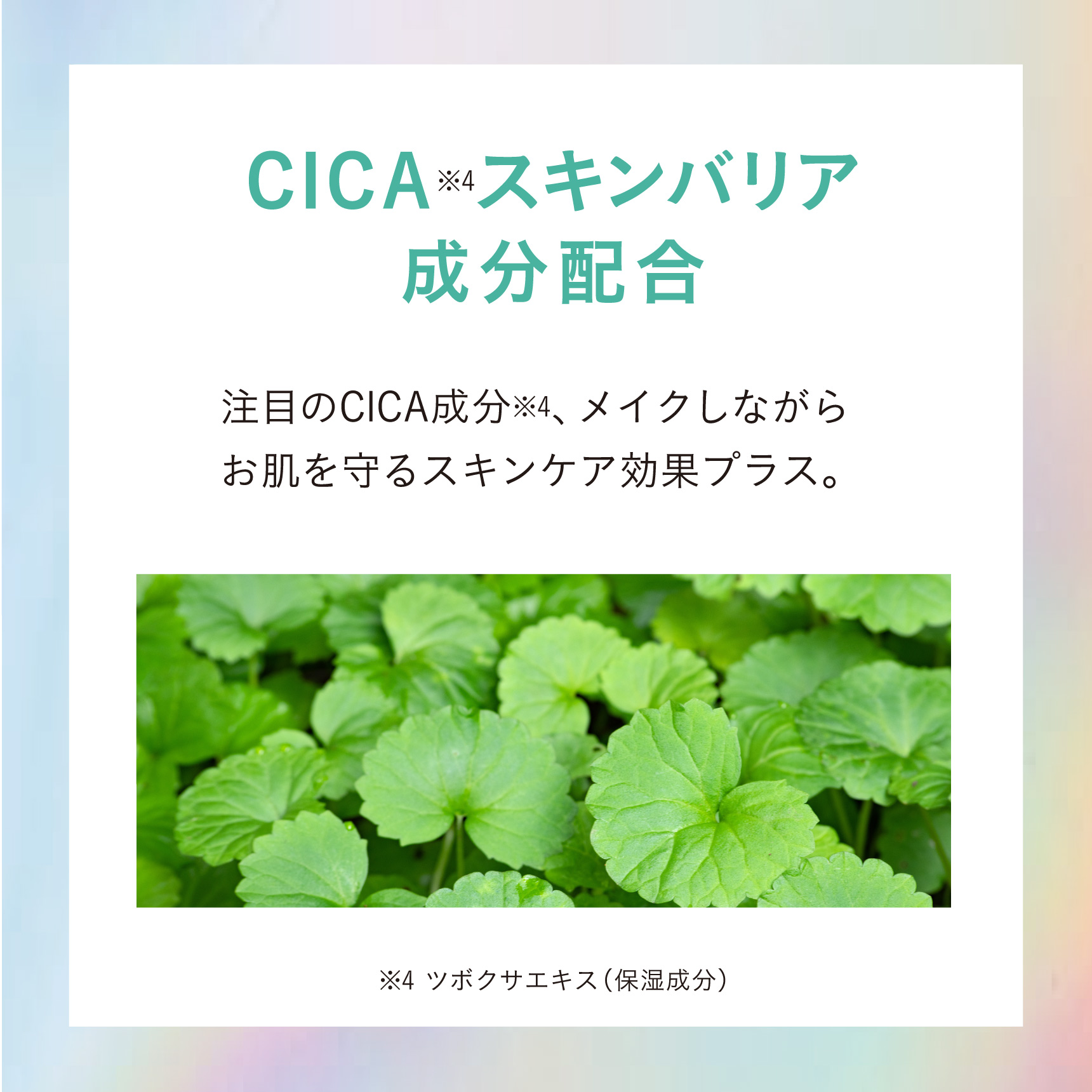 CICA※4スキンバリア 成分配合 注目のCICA成分※4、メイクしながらお肌を守るスキンケア効果プラス。 ※4 ツボクサエキス（保湿成分）