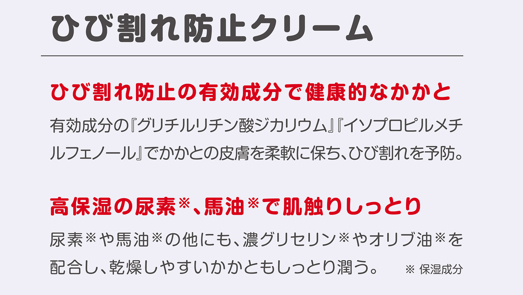 ひび割れ防止クリーム ひび割れ防止の有効成分で健康的なかかとへ 有効成分の『グリチルリチン酸ジカリウム』『イソプロピルメチルフェノール』でかかとの皮膚を柔軟に保ち、ひび割れを予防。 高保湿の尿素※、馬油※で肌触りしっとり 尿素※や馬油※の他にも、濃グリセリン※やオリブ油※を配合し、乾燥しやすいかかともしっとり潤う。 ※保湿成分