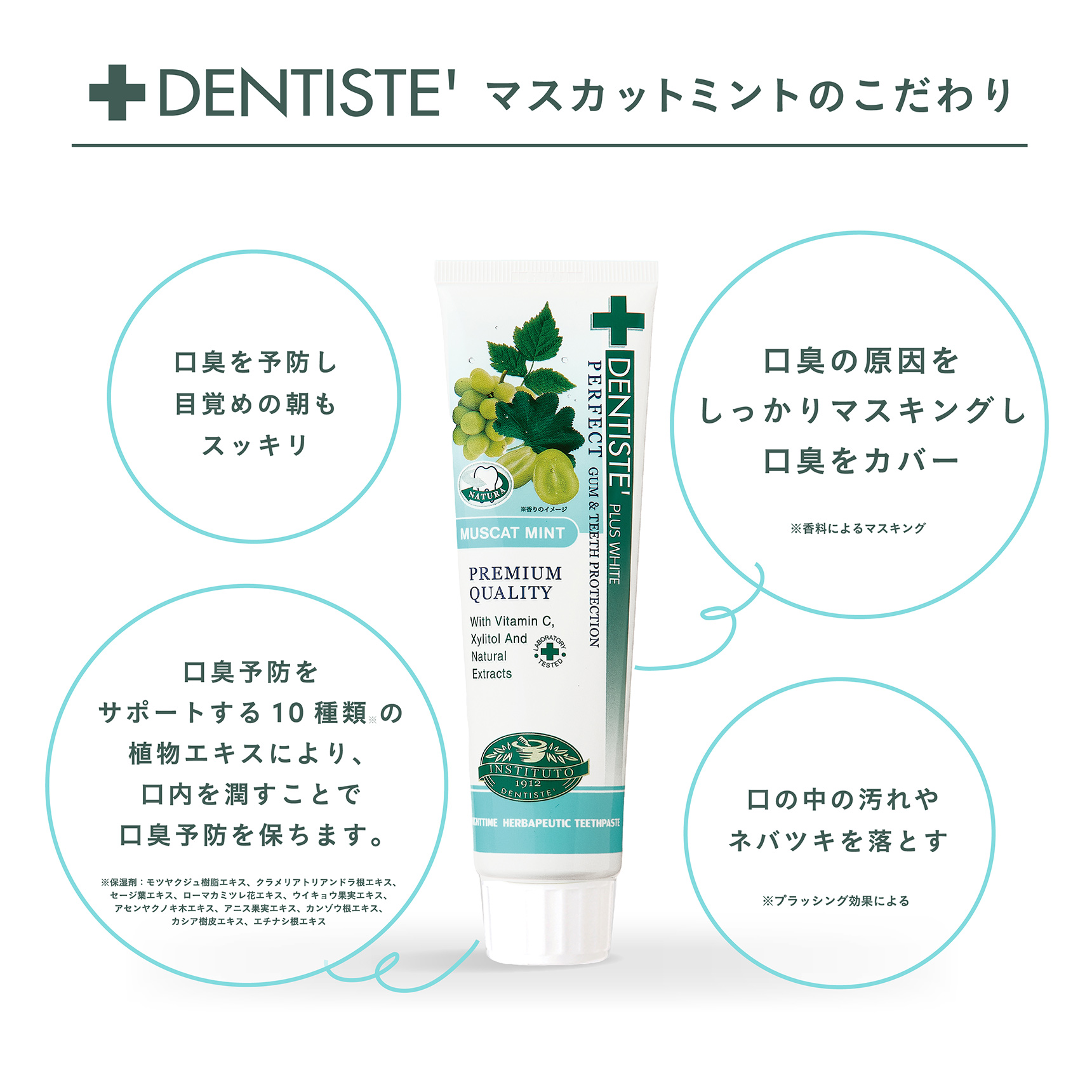 DENTISTE' マスカットミントのこだわり 口臭を予防し目覚めの朝もスッキリ 口臭の原因をしっかりマスキングし口臭をカバー ※香料によるマスキング 口臭予防をサポートする10種類の植物エキスにより、口内を潤すことで口臭予防を保ちます。 ※保湿剤：モツヤクジュ樹脂エキス、クラメリアトリアンドラ根エキス、セージ葉エキス、ローマカミツレ花エキス、ウイキョウ果実エキス、アセンヤクノキ木エキス、アニス果実エキス、カンゾウ根エキス、カシア樹皮エキス、エチナシ根エキス 口の中の汚れやネバツキを落とす ※プラッシング効果による