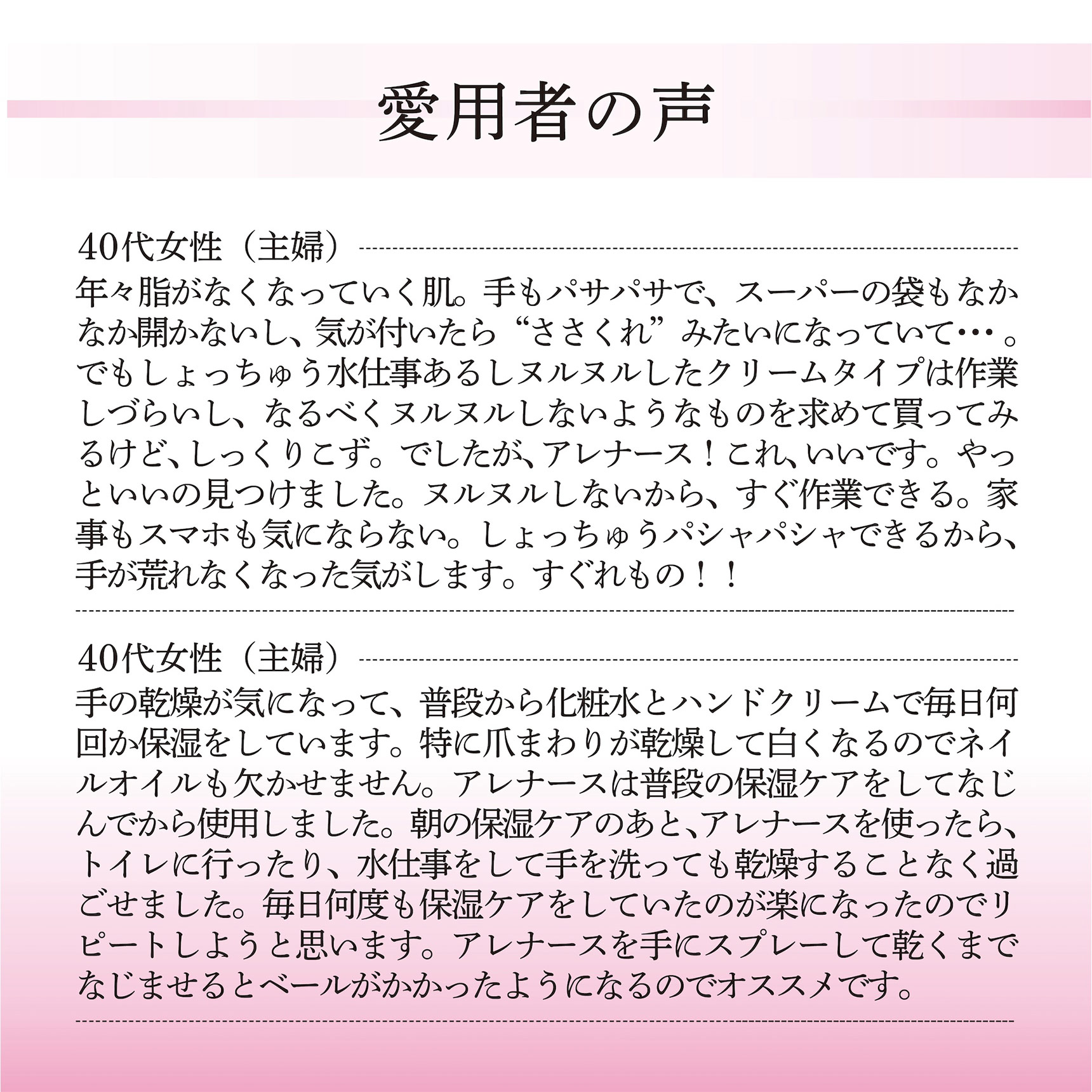 愛用者の声： 40代女性（主婦）:年々脂がなくなっていく肌。手もパサパサで、スーパーの袋もなかなか開かないし、気が付いたら“ささくれ”みたいになっていて・・・。でもしょっちゅう水仕事あるしヌルヌルしたクリームタイプは作業しづらいし、なるべくヌルヌルしないようなものを求めて買ってみるけど、しっくりこず。でしたが、アレナース！これ、いいです。やっといいの見つけました。ヌルヌルしないから、すぐ作業できる。家事もスマホも気にならない。しょっちゅうパシャパシャできるから、手が荒れなくなった気がします。すぐれもの！！ 40代女性（主婦）:手の乾燥が気になって、普段から化粧水とハンドクリームで毎日何回か保湿をしています。特に爪まわりが乾燥して白くなるのでネイルオイルも欠かせません。アレナースは普段の保湿ケアをしてなじんでから使用しました。朝の保湿ケアのあと、アレナースを使ったら、トイレに行ったり、水仕事をして手を洗っても乾燥することなく過ごせました。毎日何度も保湿ケアをしていたのが楽になったのでリピートしようと思います。アレナースを手にスプレーして乾くまでなじませるとベールがかかったようになるのでオススメです。