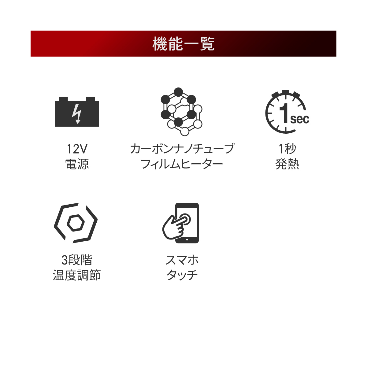 HeatMaster_LT 機能一覧 12V電源 / カーボンナノチューブフィルムヒーター / 1秒発熱 / 3段階温度調節 / スマホタッチ