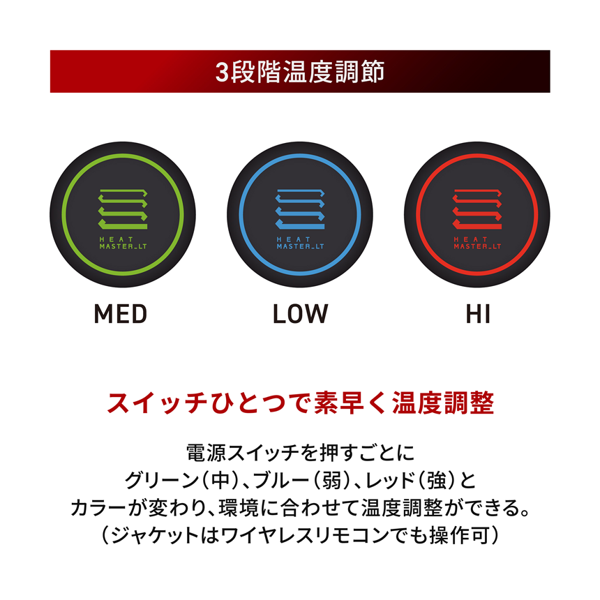 HeatMaster_LT 3段階温度調節 スイッチひとつで素早く温度調整 電源スイッチを押すごとにグリーン(中)、ブルー(弱)、レッド(強)とカラーが変わり、環境に合わせて温度調整ができる。(ジャケットはワイヤレスリモコンでも操作可)