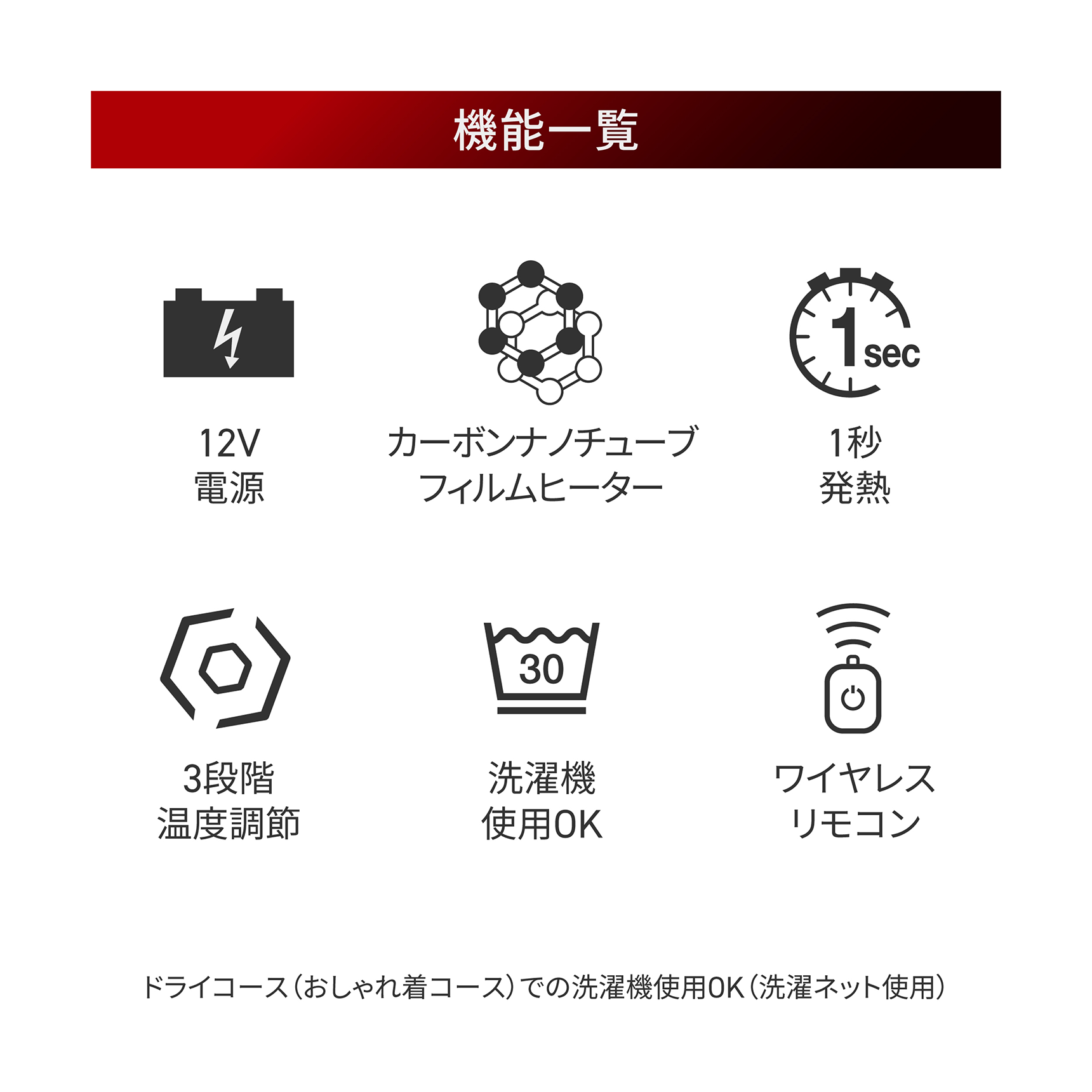HeatMaster_LT 機能一覧 12V電源 / カーボンナノチューブフィルムヒーター / 1秒発熱 / 3段階温度調節 / 洗濯機使用OK / ワイヤレスリモコン ドライコース(おしゃれ着コース)での洗濯機使用OK(洗濯ネット使用)