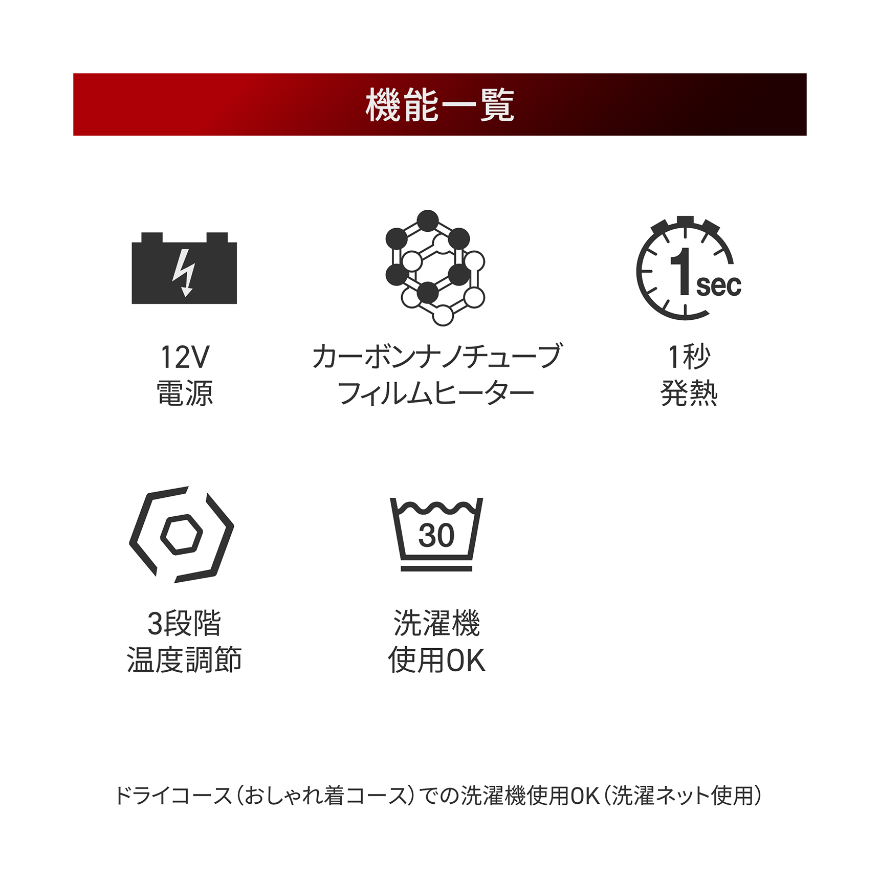 HeatMaster_LT 機能一覧 12V電源 / カーボンナノチューブフィルムヒーター / 1秒発熱 / 3段階温度調節 / 洗濯機使用OK / ドライコース(おしゃれ着コース)での洗濯機使用OK(洗濯ネット使用)