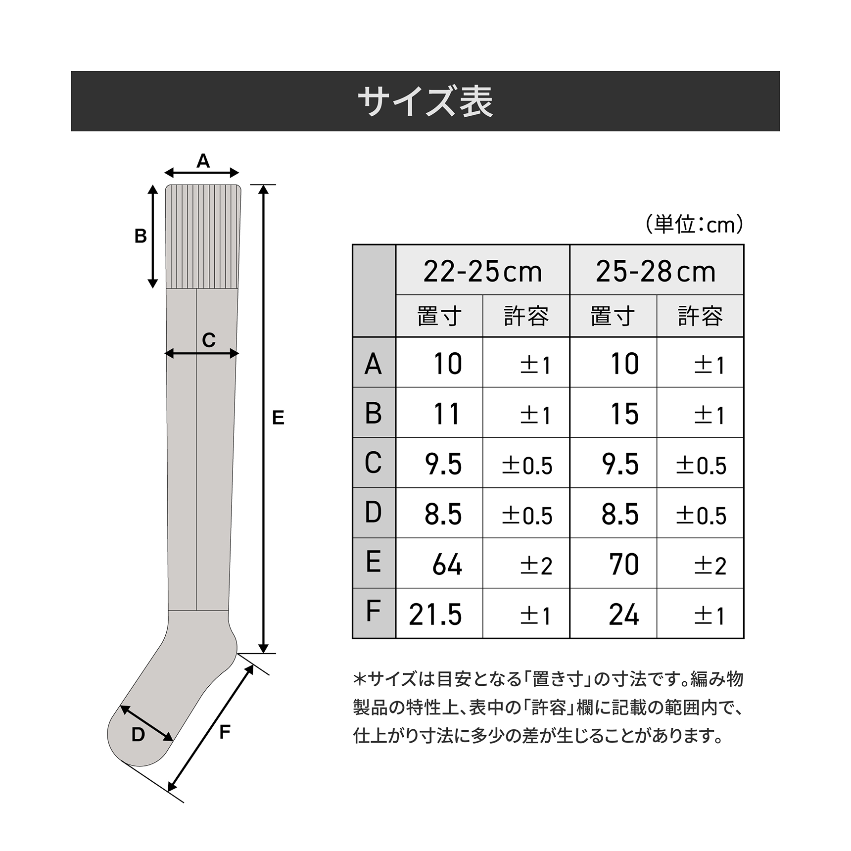 サイズ表　*サイズは目安となる「置き寸」の寸法です。編み物製品の特性上、表中の「許容」欄に記載の範囲内で、仕上がり寸法に多少の差が生じることがあります。