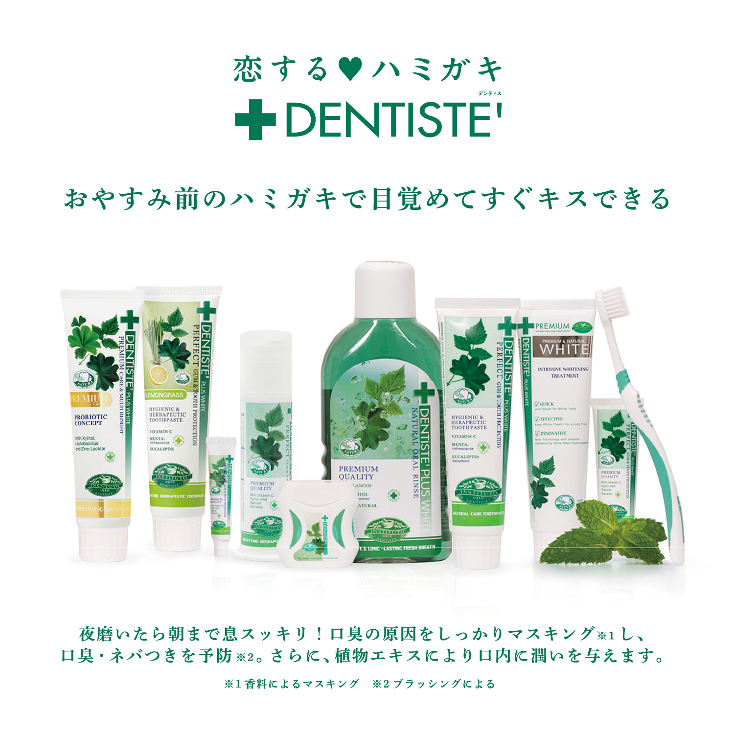恋するハミガキ　DENTISTE' デンティス　おやすみ前のハミガキで目覚めてすぐキスできる　夜磨いたら朝まで息スッキリ！口臭の原因をしっかりマスキング※1し、口臭・ネバつきを予防※2。さらに、植物エキスにより口内に潤いを与えます。 ※1香料によるマスキング ※2ブラッシングによる