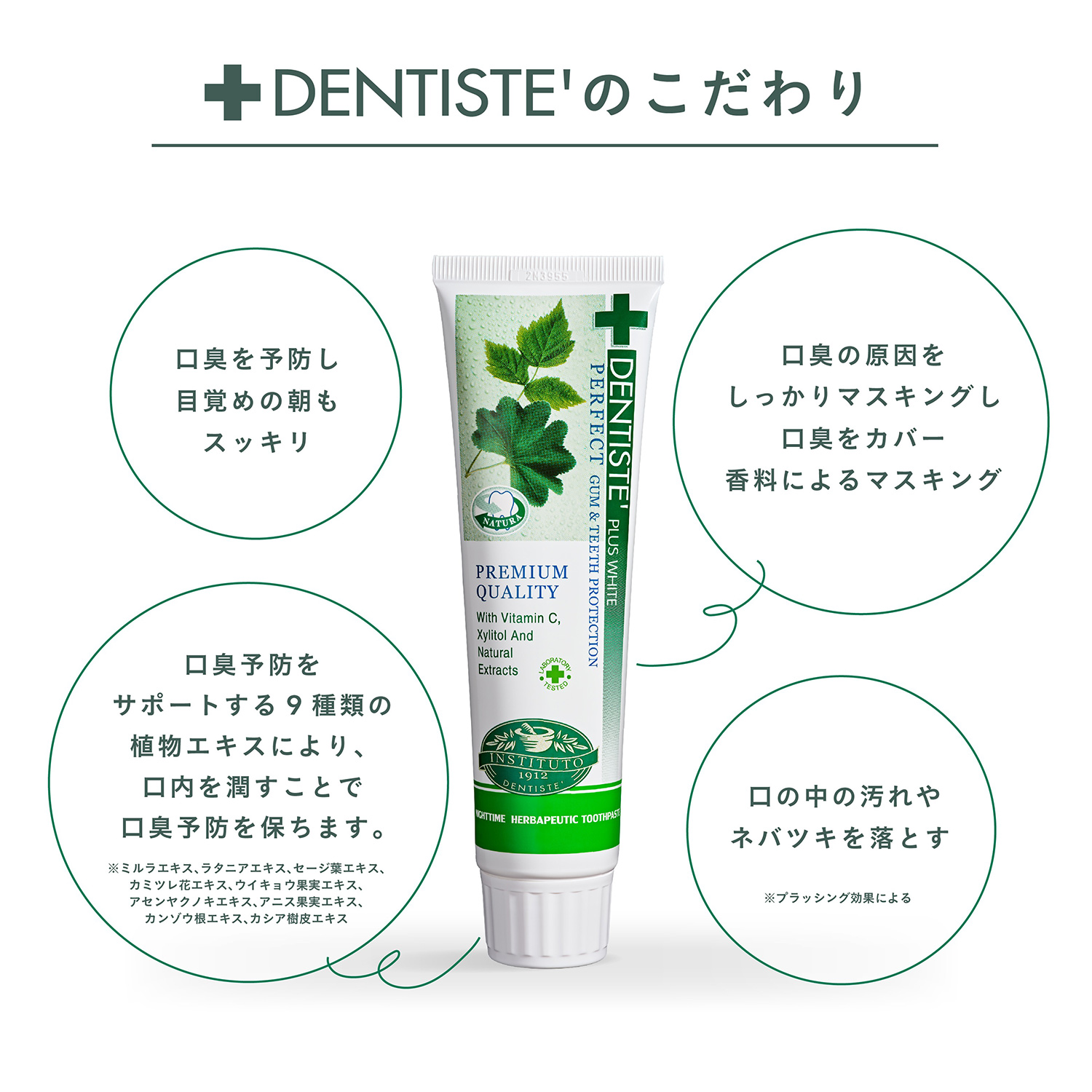DENTISTE'のこだわり 口臭を予防し目覚めの朝もスッキリ 口臭の原因をしっかりマスキングし口臭をカバー 香料によるマスキング 口臭予防をサポートする9種類の植物エキスにより、口内を潤すことで口臭予防を保ちます。 ※ミルラエキス､ラタニアエキス､セージ葉エキス､カミツレ花エキス､ウイキョウ果実エキス､アセンヤクノキエキス､アニス果実エキス､カンゾウ根エキス､カシア樹皮エキス 口の中の汚れやネバツキを落とす ※プラッシング効果による